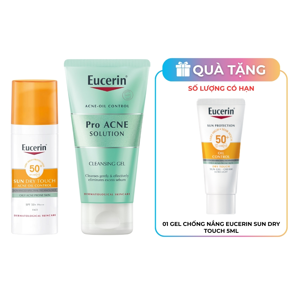 Gel Chống Nắng Eucerin Sun Dry Touch Acne Oil Control SPF50+ Cho Da Nhờn Mụn 50ml Tặng Gel Rửa Mặt Cho Da Mụn 75ml