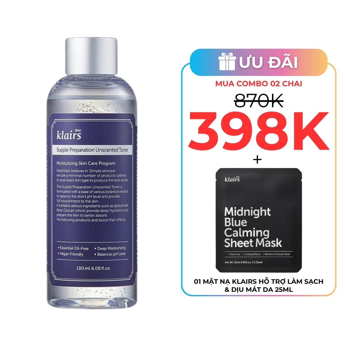 Nước Hoa Hồng Klairs Supple Preparation Unscented Toner Không Mùi 180ml