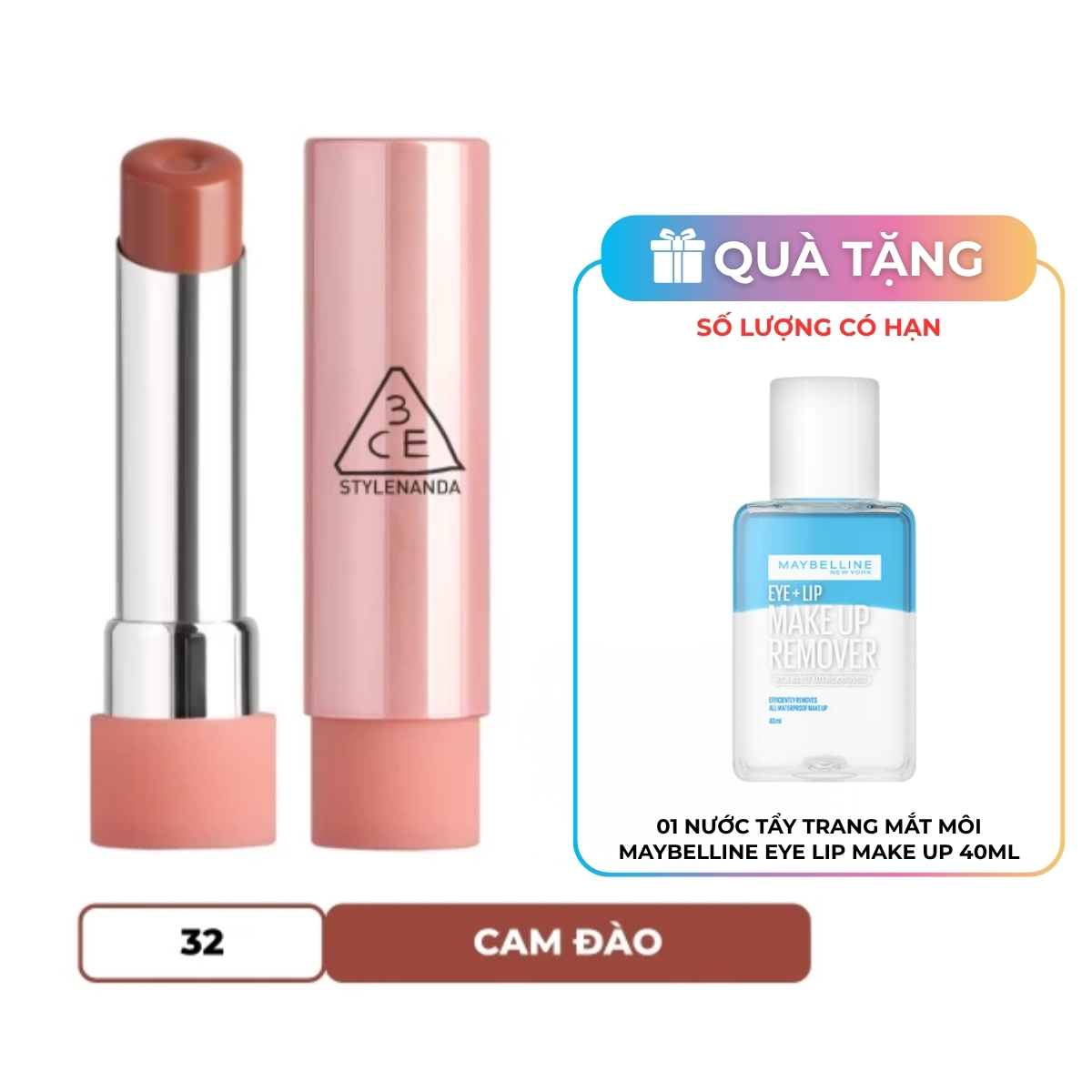 Son Dưỡng 3CE Glazy Lip Glow - 32 Peach Filling