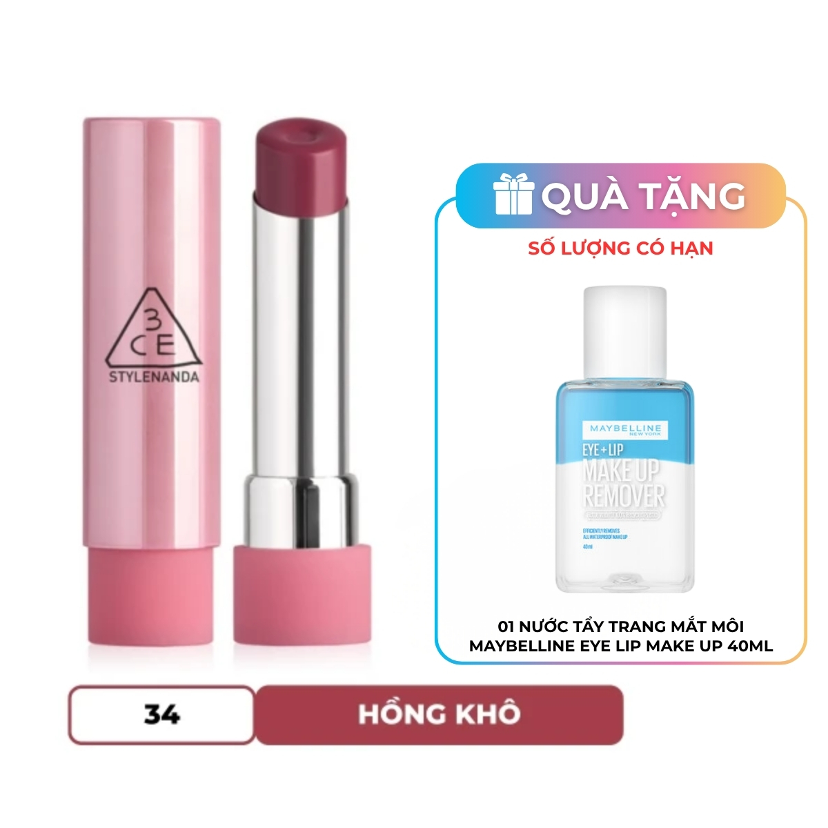 Son Dưỡng 3CE Glazy Lip Glow - 34 Rose Glaze