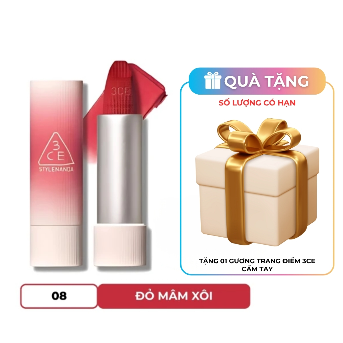 Son Thỏi 3CE Cashmere Hug Lipstick #08 Hush Red