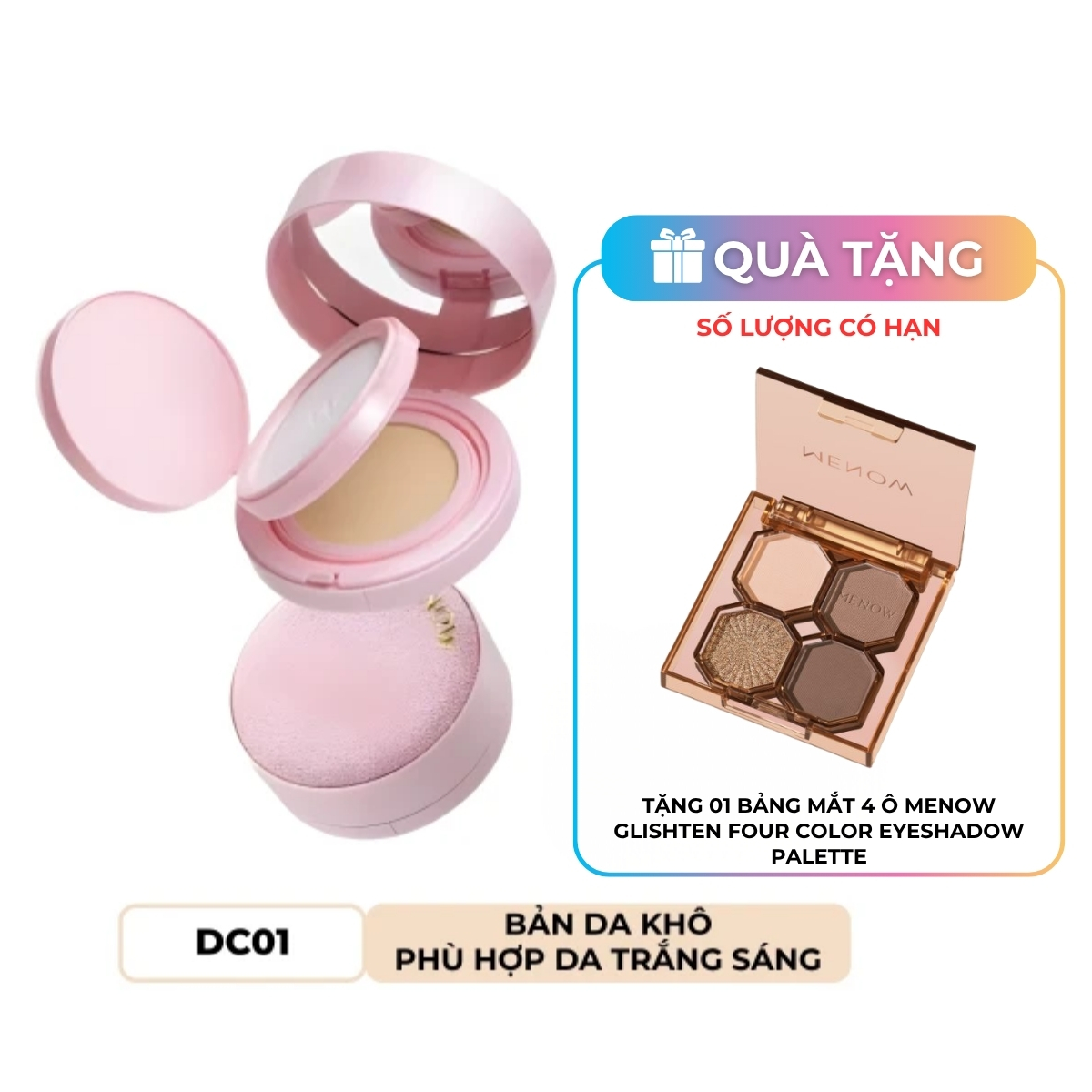 Phấn Nước Menow Kèm Phấn Phủ 2in1 Dành Cho Da Khô Màu DC01