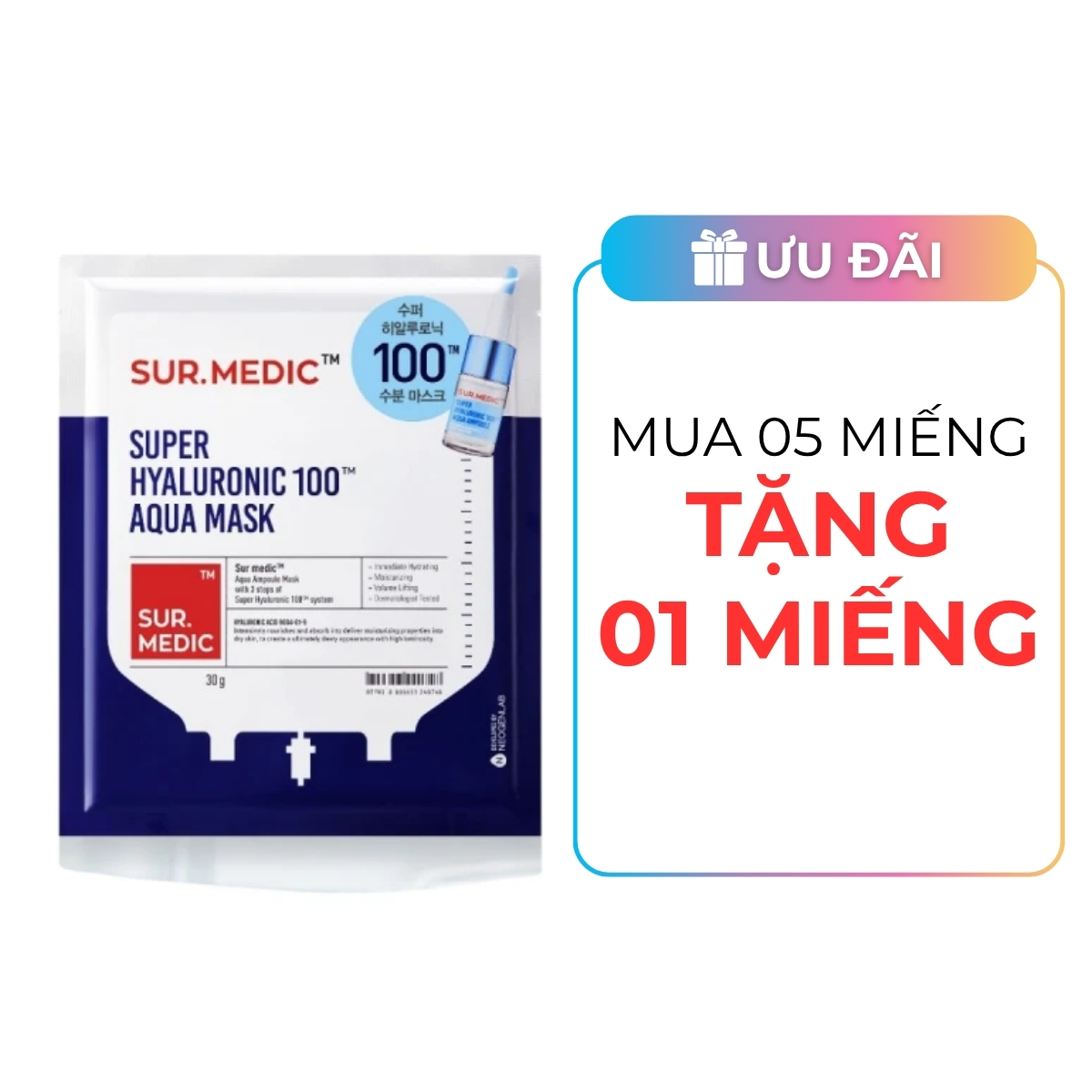 Mặt Nạ Sur.medic+ Super Hyaluronic 100 Aqua Mask 30g 1PCS - Dưỡng Ẩm