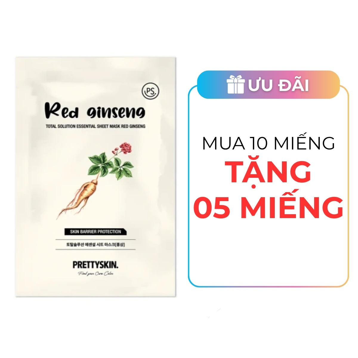 Mặt Nạ Giấy Prettyskin Total Solution Essential Sheet Mask Red Ginseng - Nhân Sâm