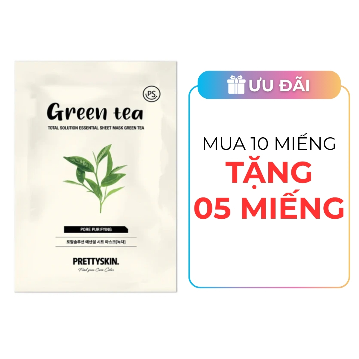 Mặt Nạ Giấy Prettyskin Total Solution Essential Sheet Mask Green Tea - Trà Xanh