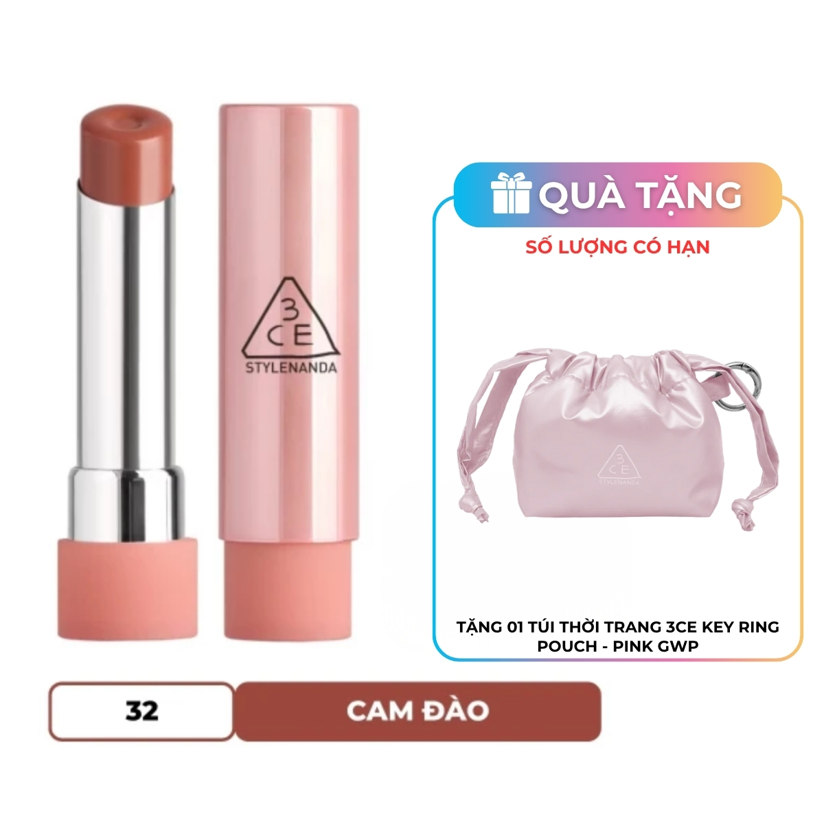 Son Dưỡng 3CE Glazy Lip Glow - 32 Peach Filling