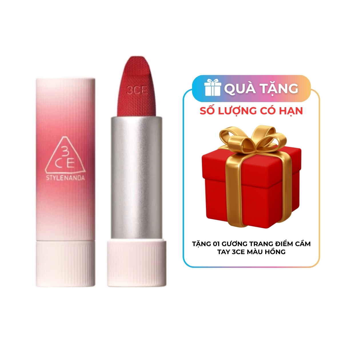 Son Thỏi 3CE Cashmere Hug Lipstick #08 Hush Red