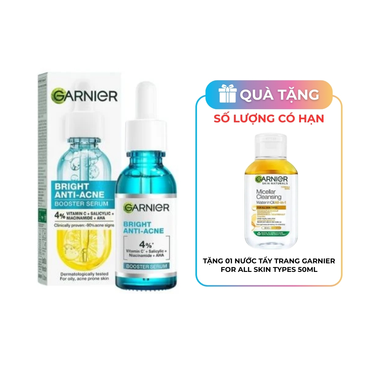 Tinh Chất Garnier Bright Complete Anti-Acne Booster Serum Giảm Mụn Mờ Thâm Cho Da Dầu, Mụn 30ml