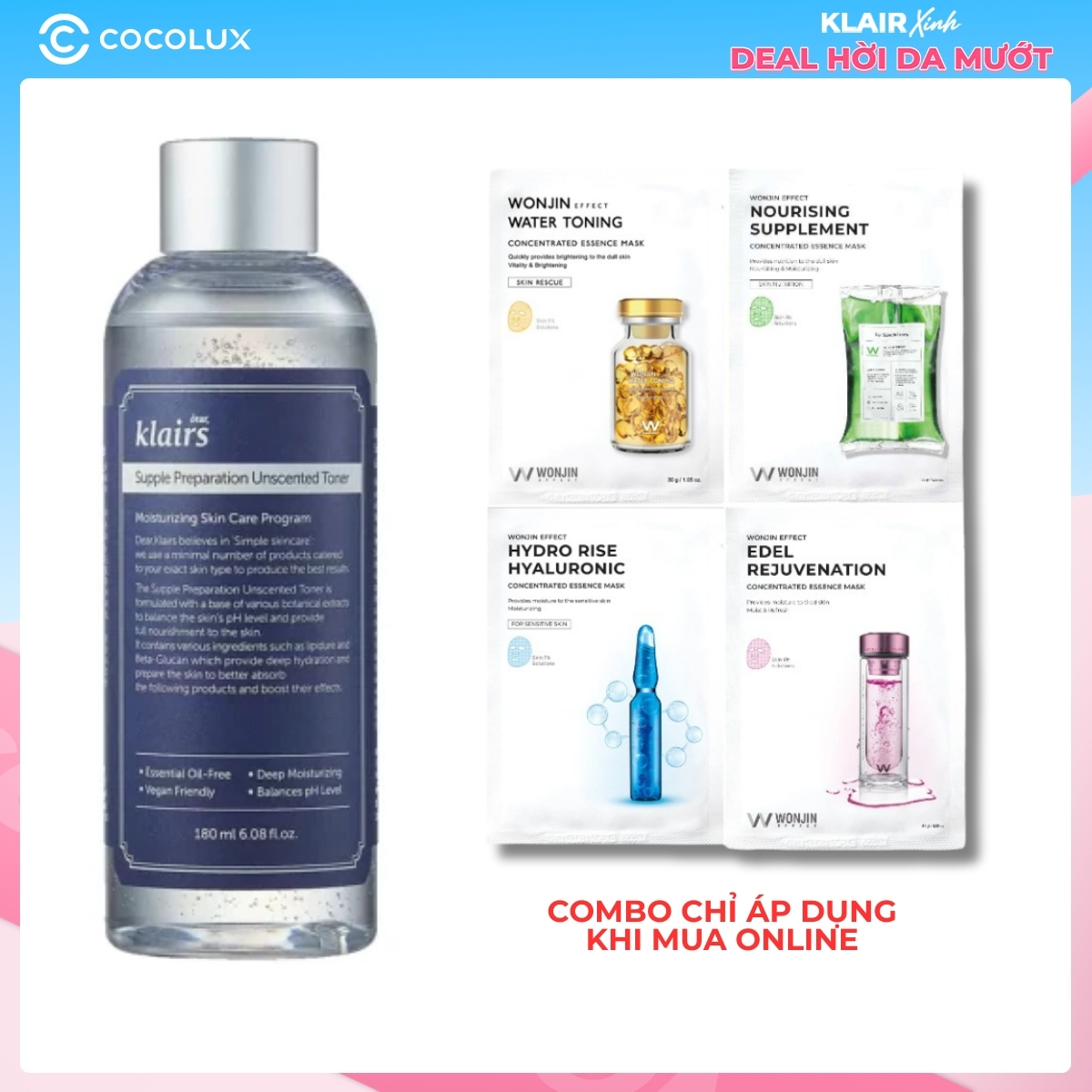 Combo 01 Nước Hoa Hồng Klairs Supple Preparation Unscented Toner Không Mùi 180ml + 10 Mặt Nạ Wonjin Effect