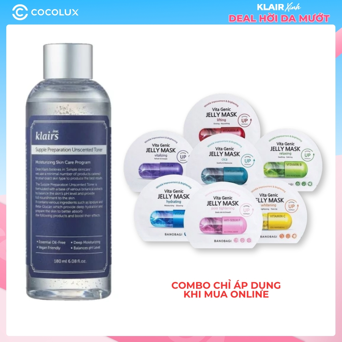 Combo 01 Nước Hoa Hồng Klairs Supple Preparation Unscented Toner Không Mùi 180ml +  10 Mặt Nạ Banobagi Vita Genic Jelly Mask