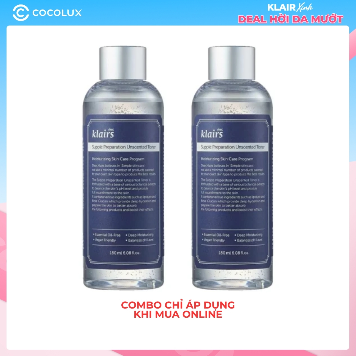 Combo 02 Nước Hoa Hồng Klairs Supple Preparation Unscented Toner Không Mùi 180ml