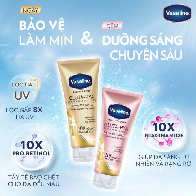 Sữa Dưỡng Thể Vaseline Gluta-Hya Serum Burst UV Lotion Dewy Radiance Sáng Da Chuyên Sâu Ban Đêm 330ml