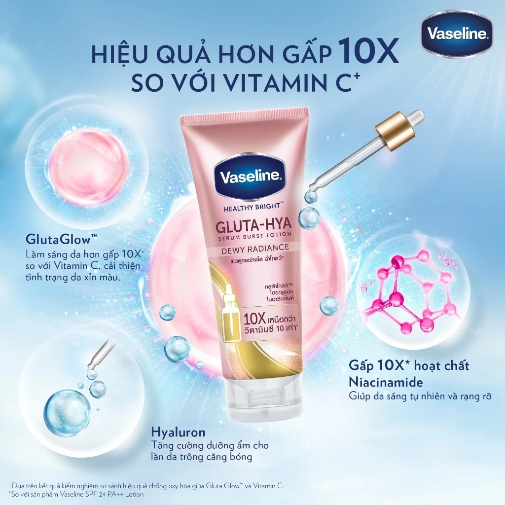 Sữa Dưỡng Thể Vaseline Gluta-Hya Serum Burst UV Lotion Dewy Radiance Sáng Da Chuyên Sâu Ban Đêm 330ml