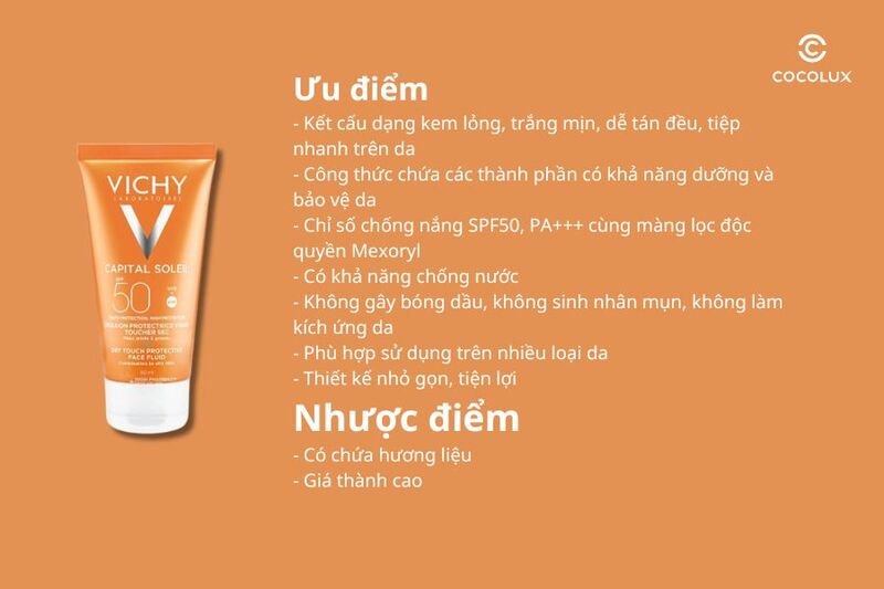 Tổng kết ưu điểm v&agrave; nhược điểm&nbsp;của kem chống nắng Vichy Capital Soleil Dry Touch Face Fluid