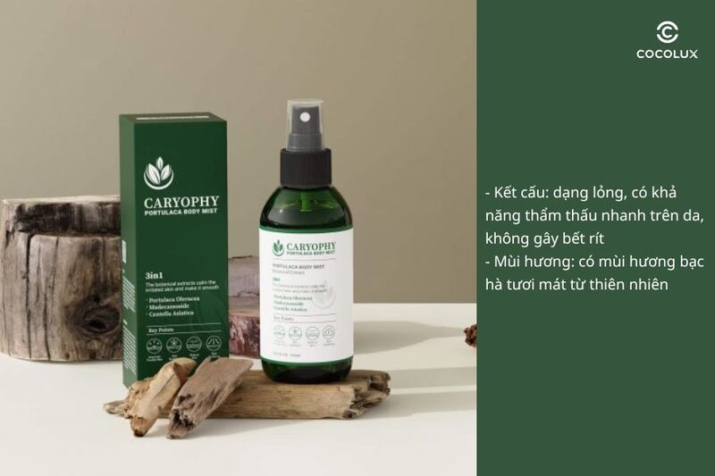 Kết cấu v&agrave; m&ugrave;i hương của xịt giảm mụn Caryophy Portulaca Body Mist