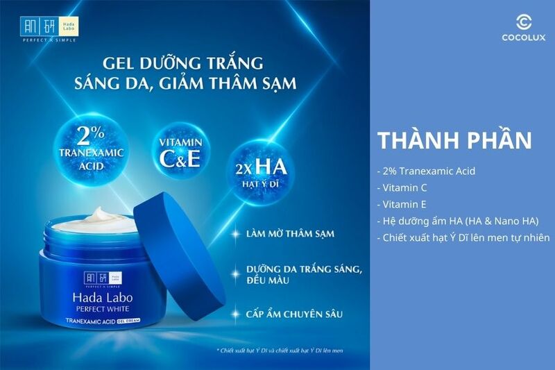Th&agrave;nh phần&nbsp;của&nbsp;gel dưỡng Hada Labo Perfect White Tranexamic Acid
