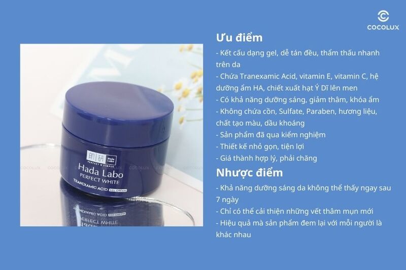 Ưu điểm v&agrave; nhược điểm&nbsp;của&nbsp;gel dưỡng Hada Labo Perfect White Tranexamic Acid