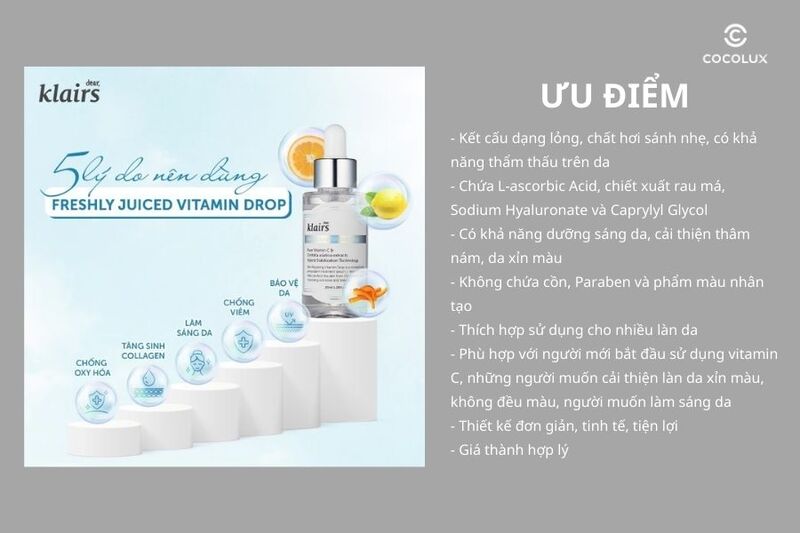 Ưu điểm của tinh chất Klairs Freshly Juiced Vitamin Drop Vitamin C