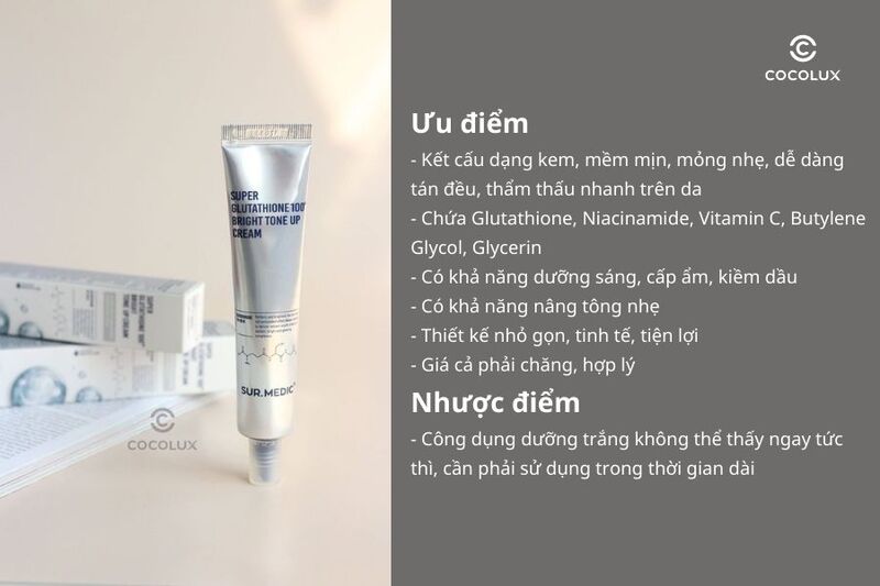 Ưu điểm và nhược điểm của kem dưỡng Sur.Medic+ Super Glutathione 100 Bright Tone Up Cream