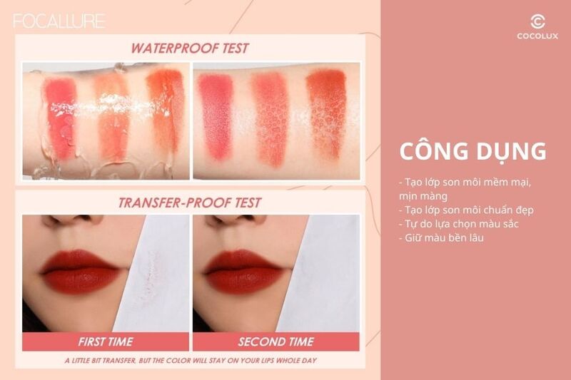 Son kem Focallure Velvet Smooth Lip Glaze FA196 vượt qua b&agrave;i kiểm tra chống thấm nước, chống x&ecirc; dịch m&agrave;u sắc