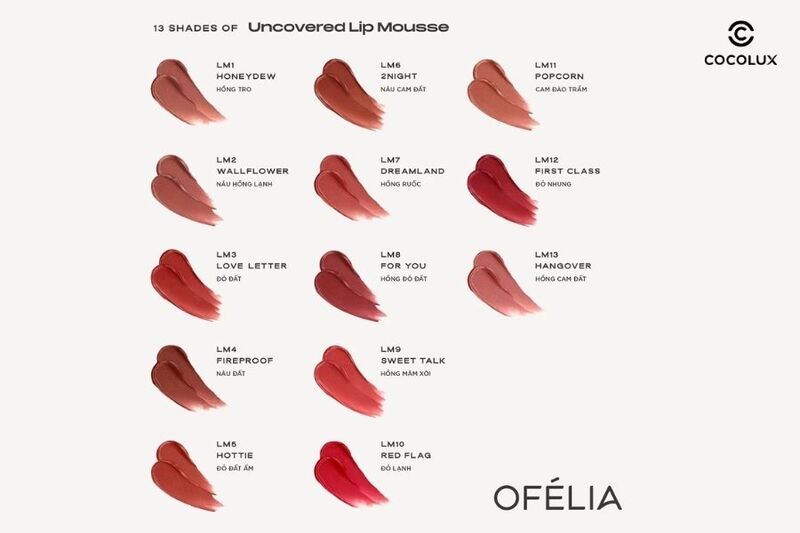 Bảng màu của son kem Ofelia Uncovered Lip Mousse