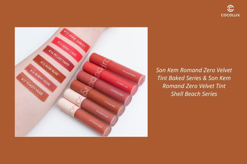 Bảng màu son kem Romand Zero Velvet Tint Baked Series và Bảng màu son kem Romand Zero Velvet Tint Shell Beach Series