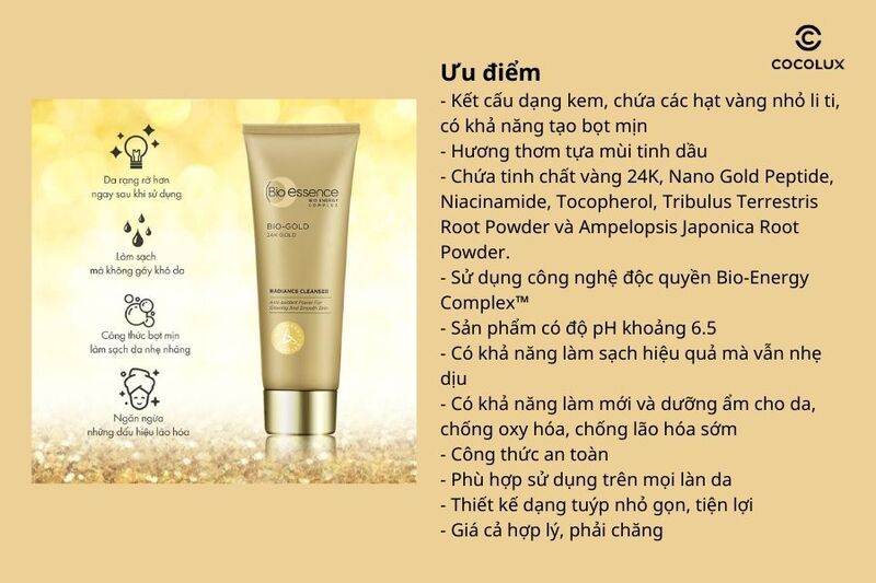 Ưu điểm của Sữa Rửa Mặt Bio-essence Vàng 24K Ngăn Ngừa Lão Hoá 100g