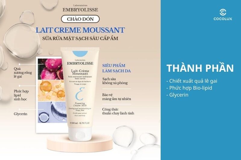 Thành phần của Sữa Rửa Mặt Embryolisse Sạch Sâu Cấp Ẩm Lait Creme Moussant