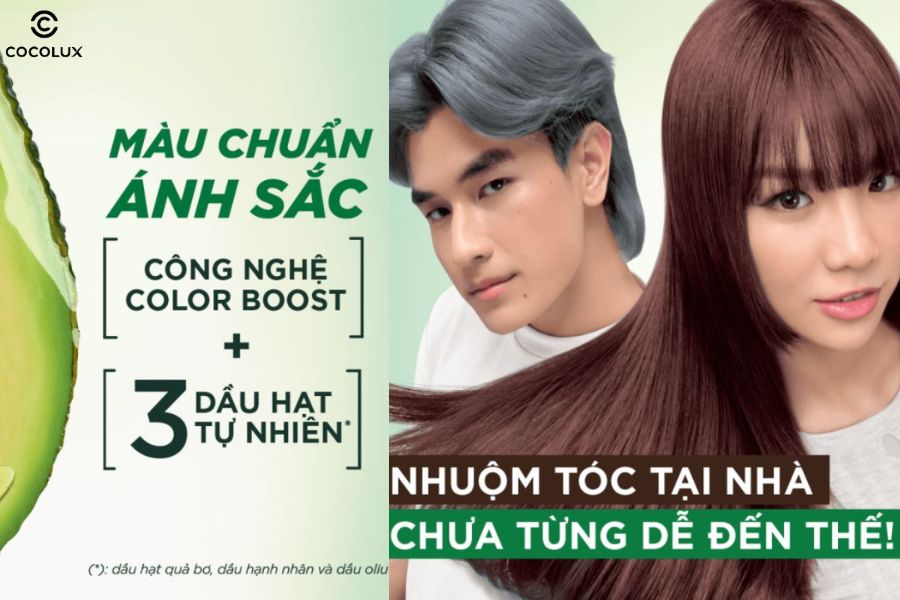 Kem nhuộm Garnier lên màu chuẩn, bền đẹp với công nghệ Color Lock và thành phần dầu thiên nhiên giúp tóc suôn mượt, dễ dùng tại nhà