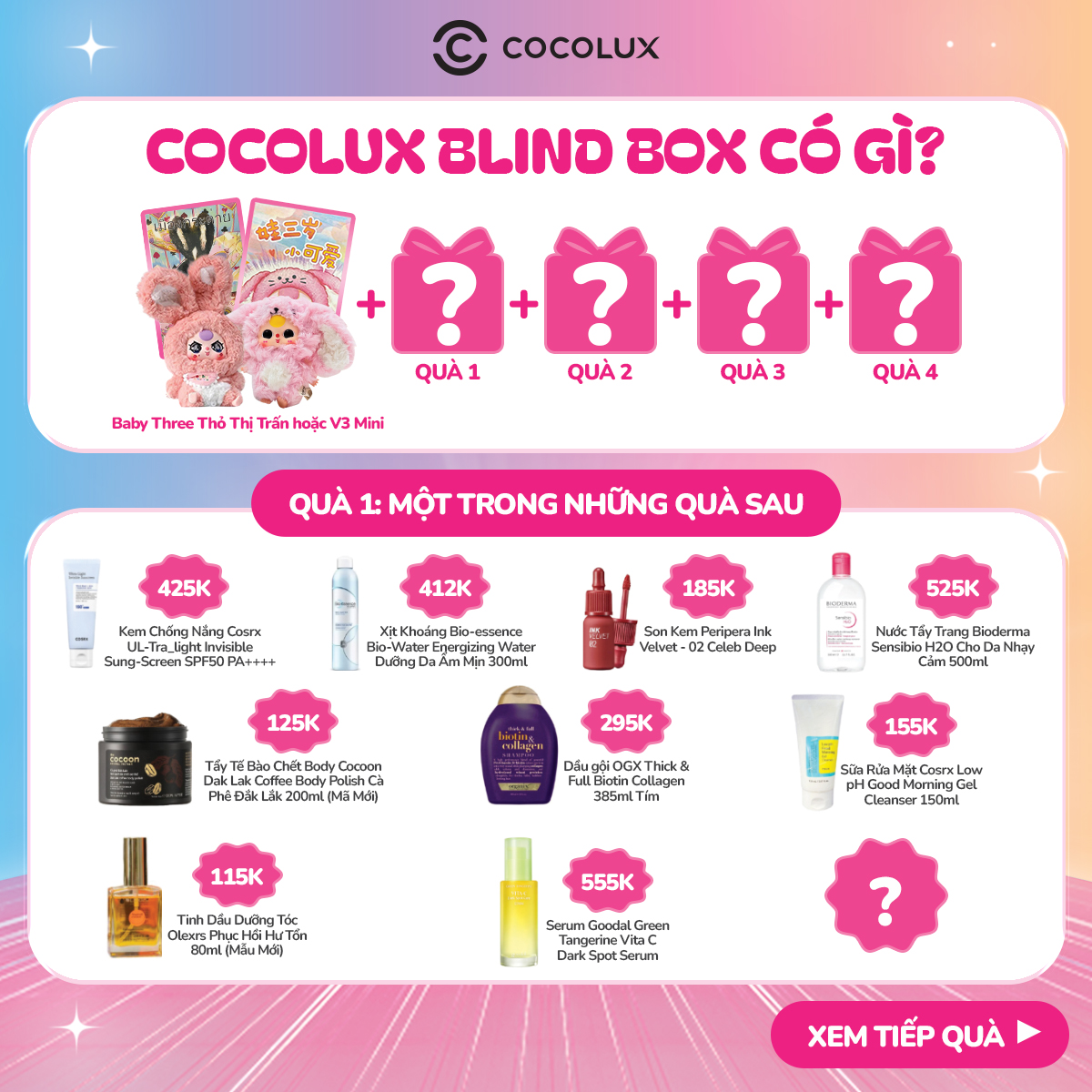 Mua Blind Box tại Cocolux 275 Trần Hưng Đạo, Bắc Ninh, khách hàng sẽ nhận được đến 5 phần quà