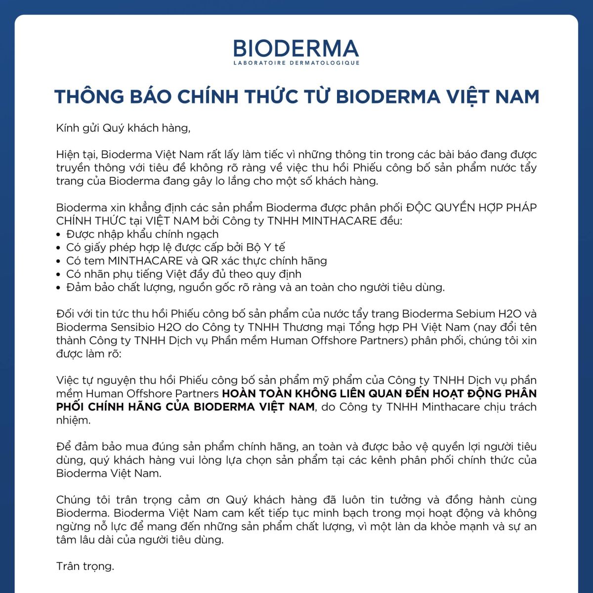 Thông báo chính thức của Bioderma Việt Nam về thông tin thu hồi sản phẩm