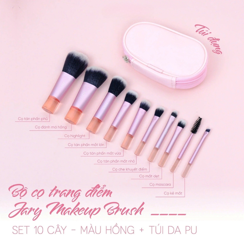 Bộ Cọ Jary Túi Da PU Set 10 Cây Pink