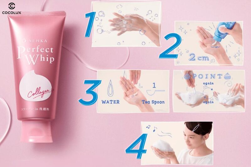 C&aacute;c bước sử dụng Sữa Rửa Mặt Senka Perfect Whip Collagen Tạo Bọt 120g