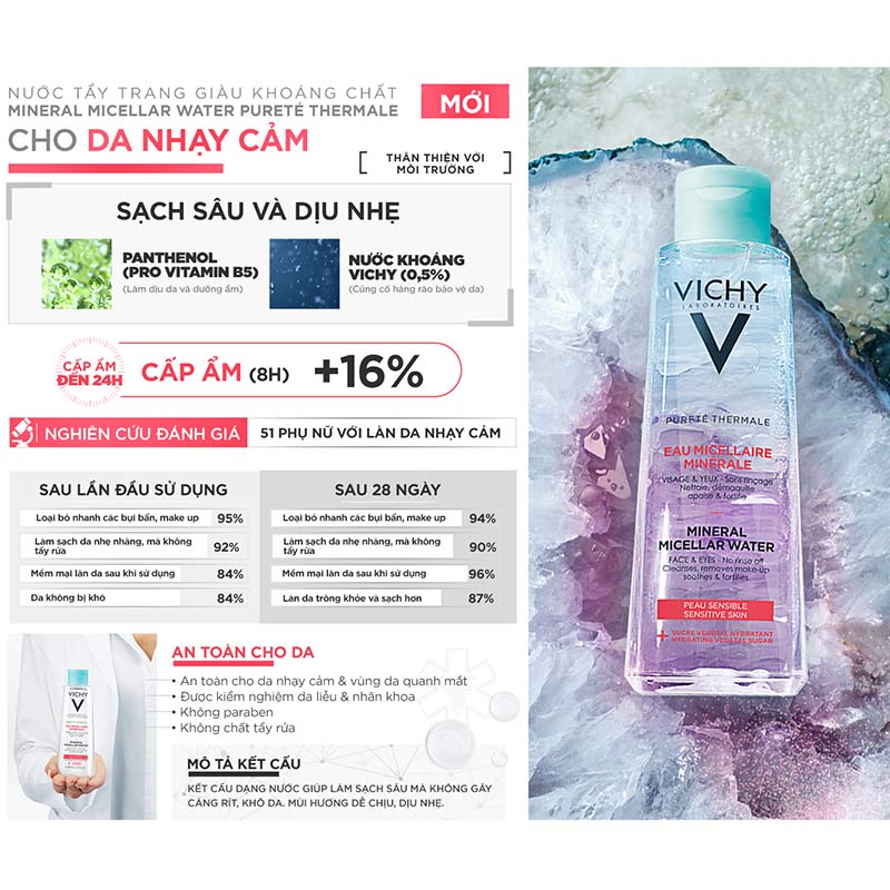 Nước tẩy trang Vichy Mineral Micellar Water Pureté Thermale cho da nhạy cảm 100ml