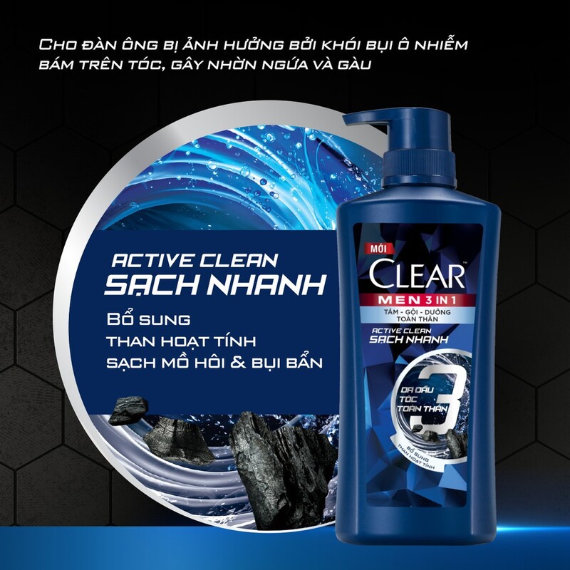 Dầu Tắm Gội CLEAR Men 3 in 1 Active Clean Sạch Nhanh 630g