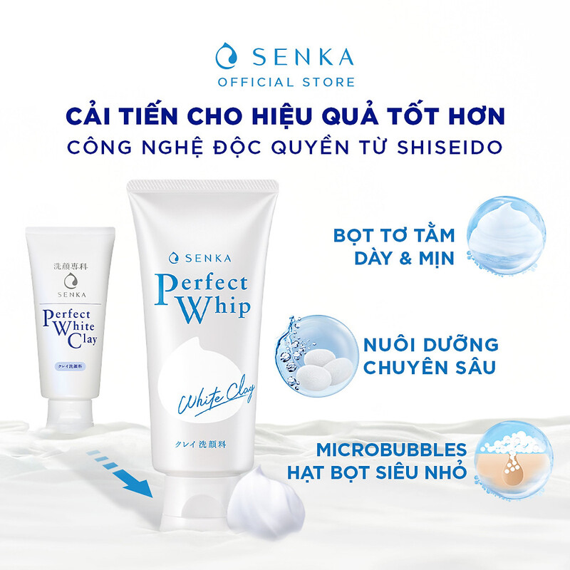 Sữa Rửa Mặt Senka Perfect Whip White Clay Đất Sét Trắng Làm Đều Màu Da 120g MC