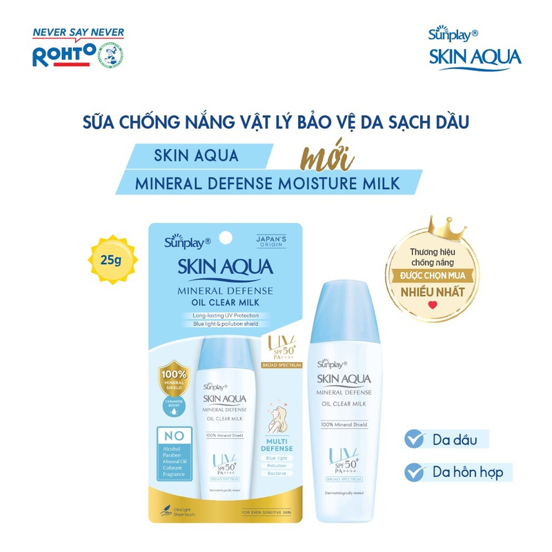 Sữa Chống Nắng Sunplay Skin Aqua Mineral Defense Oil Clear Milk SPF50+ PA++++ Vật Lý Bảo Vệ Da Giảm Dầu 25g