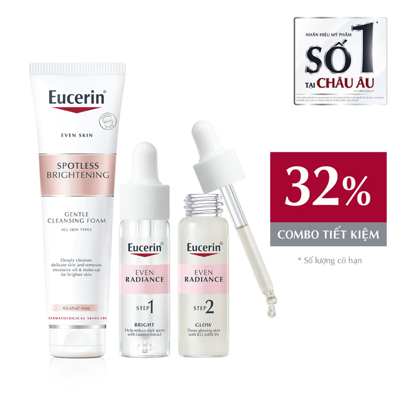 Bộ Sản Phẩm Tinh Chất Eucerin Even Radiance Duo Ampoules Dưỡng Sáng Da 2x15ml Tặng Sữa Rửa Mặt Eucerin Spotless Brightening Gentle Cleansing Foam 150g
