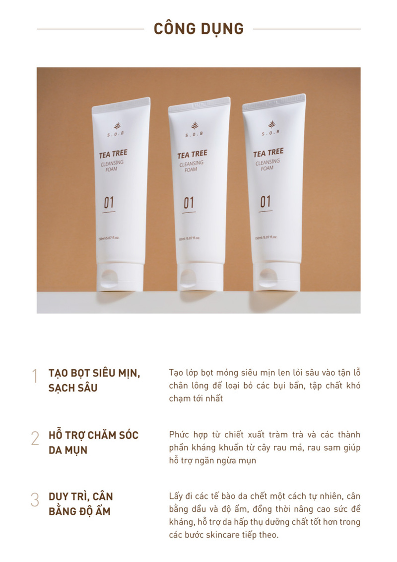 Sữa Rửa Mặt S.O.B Tea Tree Cleansing Foam Làm Sạch Sâu Và Giảm Mụn 150ml