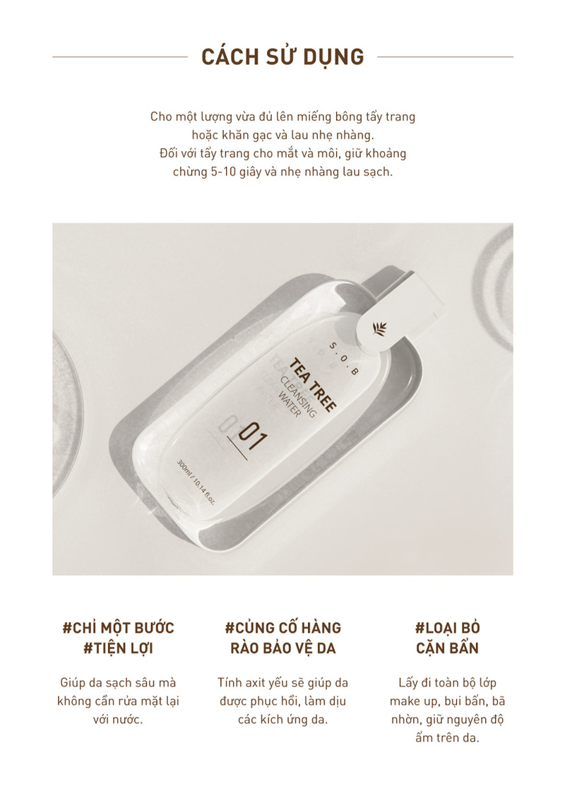 Nước Tẩy Trang S.O.B  Tea Tree Cleansing Water Làm Sạch Da, Giảm Mụn 300ml