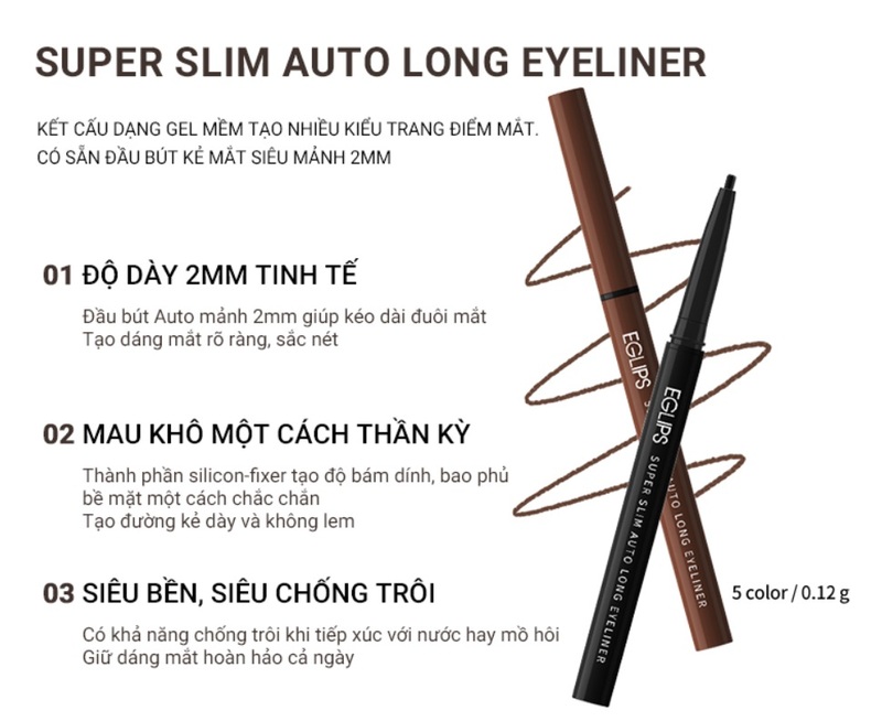 Chì Kẻ Mắt Eglips Super Slim Auto Long Eyeliner S2 Smokey Brown
