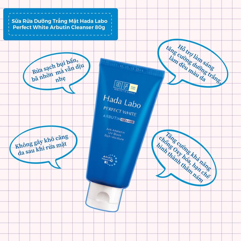 Sữa Rửa Mặt Hada Labo Perfect White Arbutin Cleanser Sạch Sâu, Dưỡng Sáng Da 80g