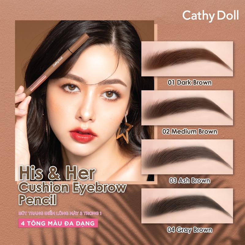 Chì Kẻ Mày Cathy Doll 3in1 His & Her Cushion Eyebrow Pencil #02 Medium Brown