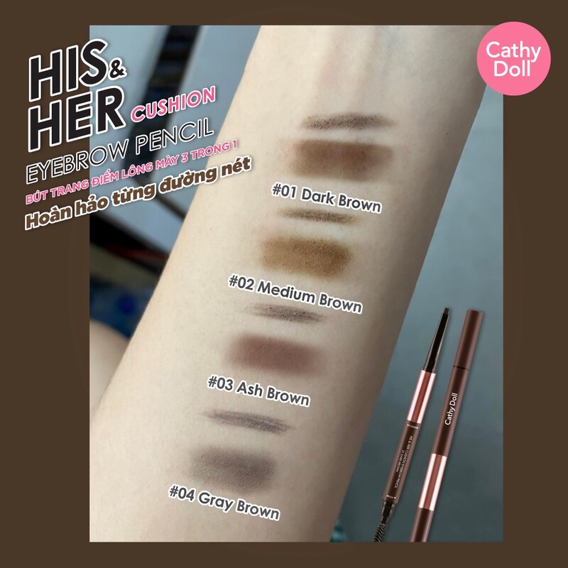Chì Kẻ Mày Cathy Doll 3in1 His & Her Cushion Eyebrow Pencil #02 Medium Brown