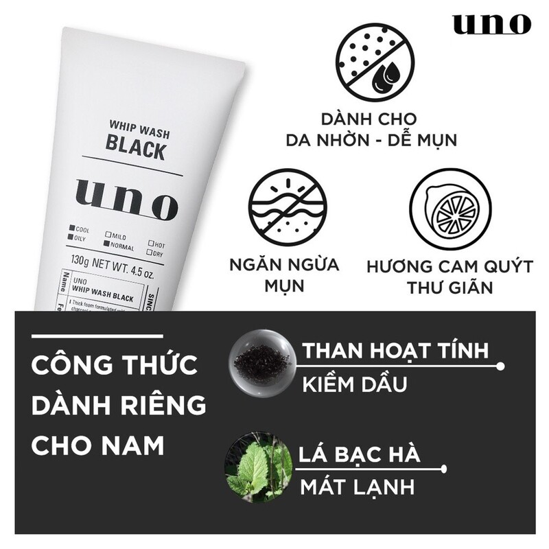 Sữa Rửa Mặt Shiseido Uno Whip Wash Black Cho Da Dầu 130g