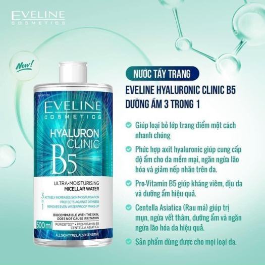 Nước Tẩy Trang Eveline Hyaluron Clinic B5 Dưỡng Ẩm 500ml