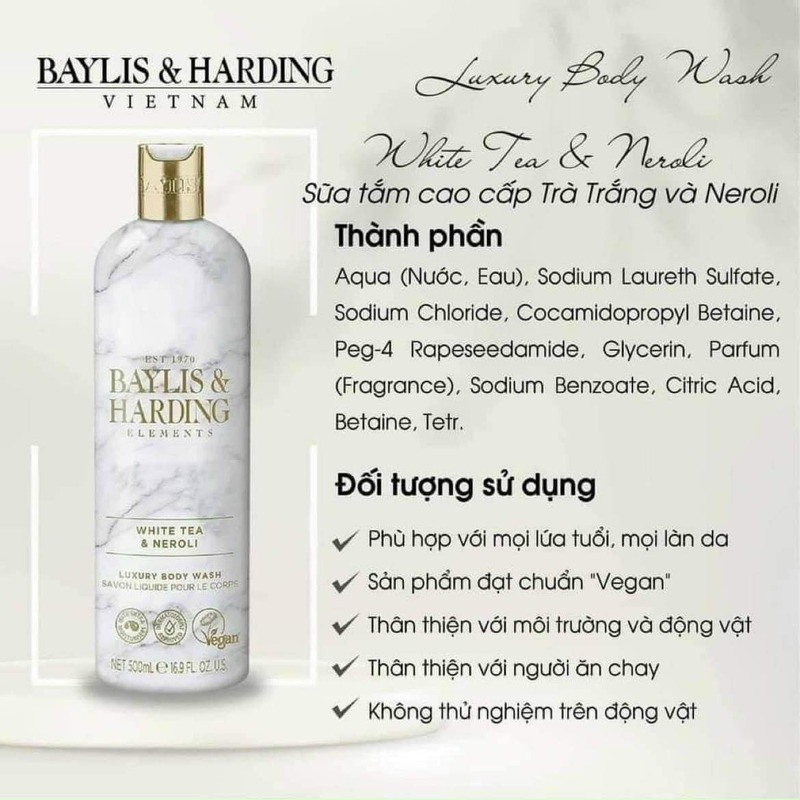 Sữa Tắm Baylis & Harding Elements White Tea & Neroli Body Wash 500ml