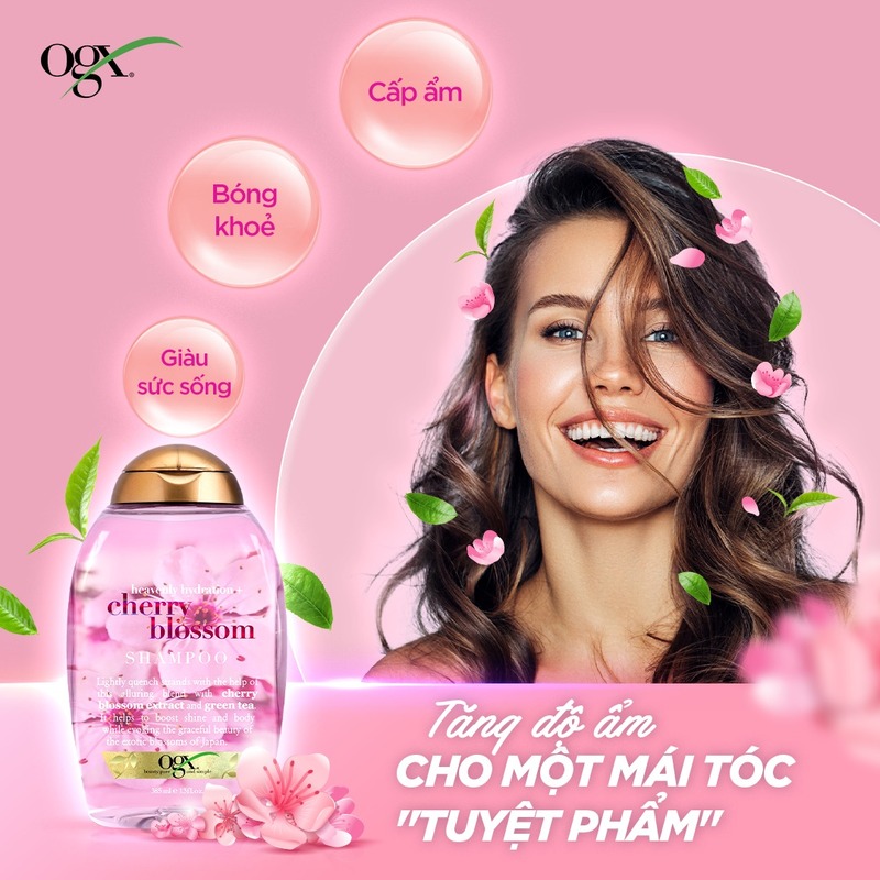 Dầu Gội OGX Heavenly Hydration + Cherry Blossom Shampoo Chiết Xuất Hoa Anh Đào 385ml