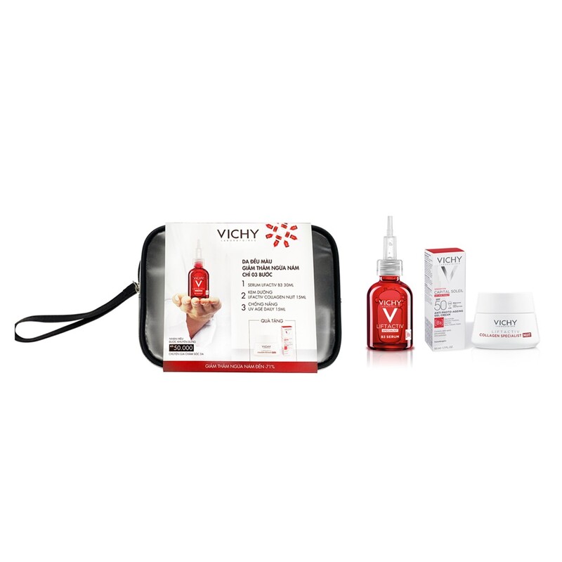 Bộ Sản Phẩm Vichy Dưỡng Da Đều Màu, Giảm Thâm Ngừa Nám 3 Món Serum Lifactiv 30ml + Lifactiv Collagen Nuit 15ml + UV Age Daily 15ml