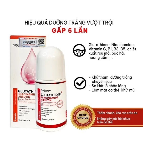 Lăn Khử Mùi Angel's Liquid Glutathione plus Niacinamide Arbutin Fresh Deodorant Mờ Thâm Dưỡng Trắng 60ml MC